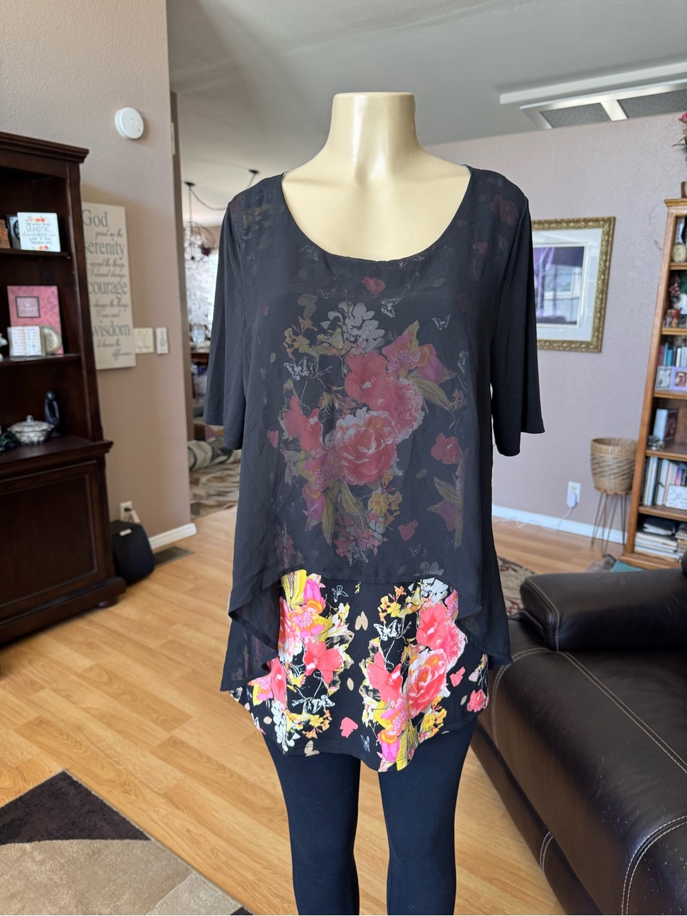 Style & Co. black sheer layered tunic over knit multicolored floral-size PL